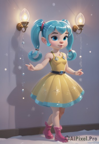 1girl,solo,long hair,breasts,smile,blue eyes,hair ornament,dress,bare shoulders,twintails,jewelry,blue hair,standing,full body,earrings,small breasts,boots,sleeveless,pointy ears,belt,artist name,necklace,lips,aqua hair,makeup,sleeveless dress,child,ankle boots,snowflakes,yellow dress,light bulb,bracelet,candle,chandelier