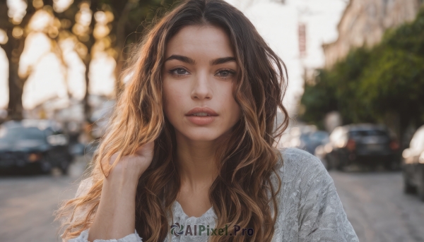 1girl,solo,long hair,looking at viewer,brown hair,shirt,black hair,brown eyes,white shirt,upper body,multicolored hair,outdoors,parted lips,blurry,lips,depth of field,blurry background,wavy hair,ground vehicle,motor vehicle,freckles,hand in own hair,realistic,nose,car,teeth,day,hand up,tree,eyelashes,thick eyebrows,blouse,portrait,road,photo background