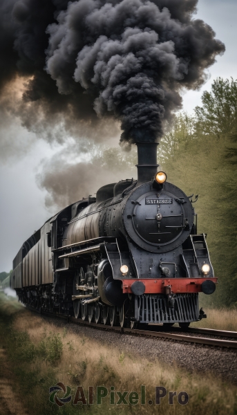 outdoors,sky,day,cloud,tree,military,no humans,grass,ground vehicle,nature,motor vehicle,smoke,cannon,military vehicle,tank,vehicle focus,caterpillar tracks,world war ii,forest,train,railroad tracks