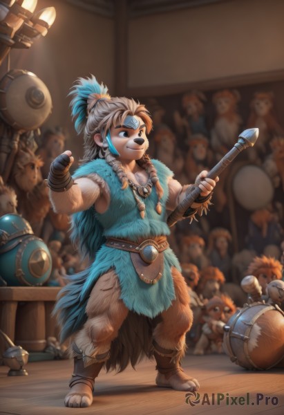 long hair,smile,blue eyes,brown hair,gloves,1boy,holding,jewelry,standing,full body,ponytail,weapon,braid,male focus,earrings,solo focus,belt,sword,artist name,indoors,fingerless gloves,necklace,holding weapon,armor,blurry,muscular,blurry background,facial mark,feathers,instrument,furry,feather hair ornament,multiple others,crowd,drum,barrel,1girl,solo,hair ornament,blue hair,white hair,grey hair,multicolored hair,two-tone hair,streaked hair,watermark,aged down,high ponytail,child,web address,bracer,hammer,animal nose