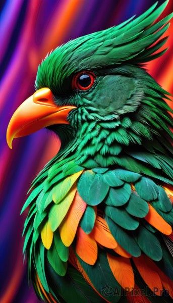 solo,red eyes,closed mouth,upper body,blurry,black eyes,pokemon (creature),no humans,facial hair,bird,animal,feathers,animal focus,beak,looking at viewer,wings,purple background,multicolored background,colorful,parrot