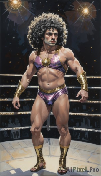 solo,black hair,1boy,navel,jewelry,standing,full body,male focus,midriff,dark skin,lips,muscular,abs,sandals,curly hair,bracer,afro,wrestling ring,crossdressing