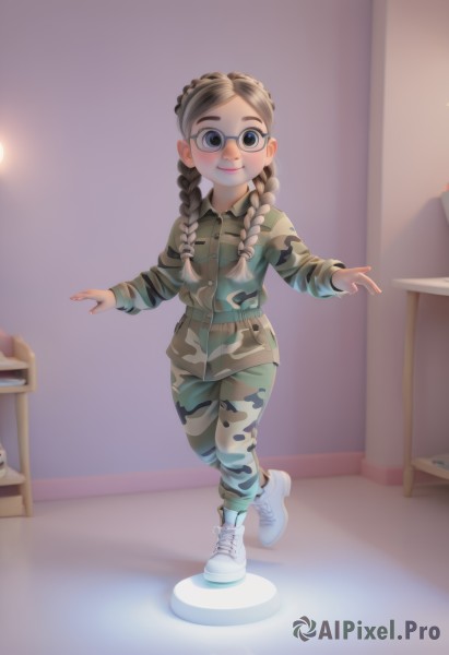 1girl,solo,long hair,looking at viewer,blush,smile,blue eyes,brown hair,long sleeves,twintails,standing,jacket,full body,braid,boots,shoes,glasses,pants,indoors,uniform,twin braids,military,military uniform,table,standing on one leg,hair over shoulder,camouflage,blue-framed eyewear,camouflage jacket,camouflage pants,bangs,shirt,closed mouth,lips,outstretched arms,sneakers,cross-laced footwear,walking,green pants