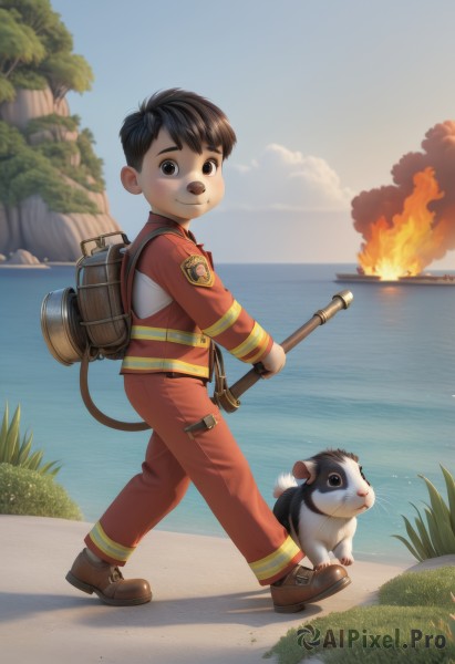 solo,looking at viewer,smile,short hair,brown hair,black hair,1boy,holding,brown eyes,jacket,full body,weapon,male focus,outdoors,sky,shoes,day,pants,sword,water,bag,tree,blue sky,ocean,animal,beach,backpack,fire,sheath,child,walking,dog,male child,cloud,from side,brown footwear,grass,nature,torch