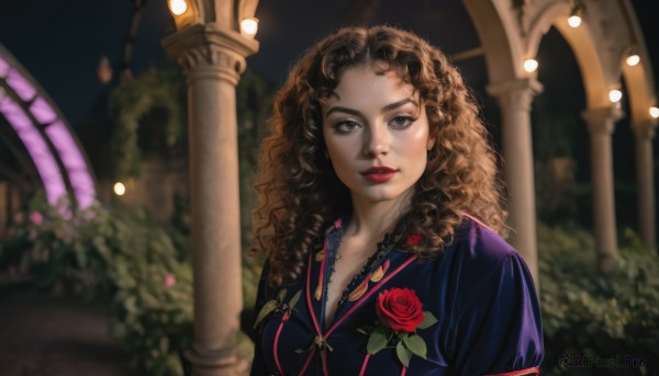 1girl,solo,long hair,breasts,looking at viewer,brown hair,dress,brown eyes,upper body,flower,outdoors,parted lips,blurry,lips,makeup,night,depth of field,blurry background,rose,wavy hair,floral print,lipstick,red flower,curly hair,red rose,realistic,nose,red lips,bush,pillar,arch,cleavage,leaf,plant,lace