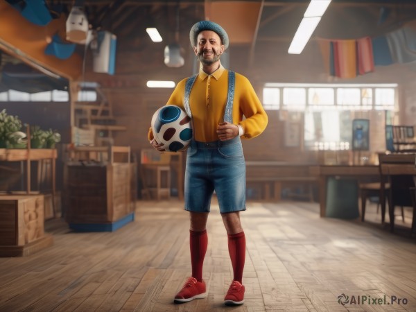 solo,looking at viewer,shirt,long sleeves,1boy,hat,holding,standing,full body,male focus,shoes,shorts,socks,indoors,blurry,kneehighs,blurry background,facial hair,suspenders,red footwear,sneakers,beard,ball,blue shorts,yellow shirt,realistic,mustache,holding ball,leg hair,soccer ball,suspender shorts,red socks,smile,short hair,black hair,collared shirt,black eyes,chair,table,denim,sportswear,soccer uniform,afro,nike,soccer