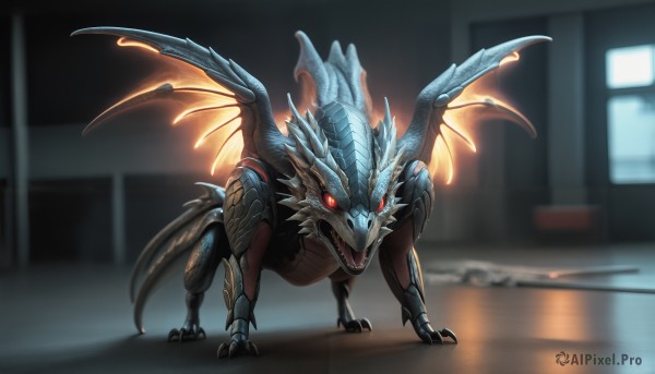 HQ,solo,looking at viewer,open mouth,red eyes,tail,full body,wings,horns,teeth,indoors,blurry,no humans,blurry background,glowing,fangs,sharp teeth,glowing eyes,claws,monster,dragon,scales,kaijuu,standing