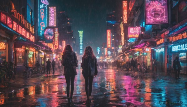 long hair, multiple girls, skirt, 2girls, pantyhose, outdoors, bag, night, ground vehicle, building, scenery, reflection, walking, rain, city, sign, road, dark, street, bicycle, city lights, neon lights