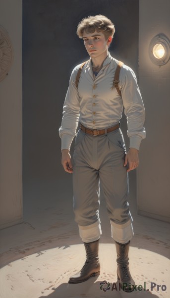 solo,looking at viewer,short hair,blonde hair,brown hair,shirt,long sleeves,1boy,brown eyes,standing,full body,white shirt,male focus,boots,parted lips,collared shirt,belt,pants,indoors,lips,dress shirt,buttons,shadow,brown footwear,suspenders,realistic,light,brown belt,grey pants,leather boots,blush,closed mouth,necktie,teeth,arms at sides,holster,brown pants