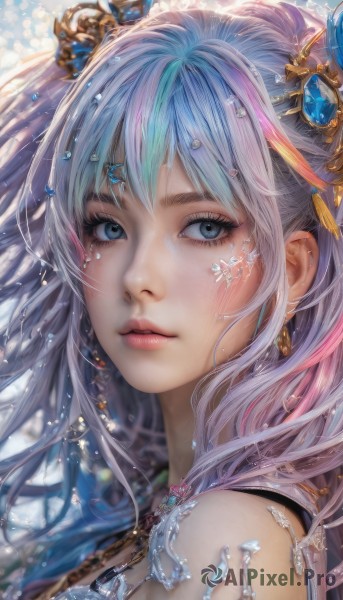 1girl,solo,long hair,looking at viewer,bangs,blue eyes,hair ornament,bare shoulders,jewelry,closed mouth,blue hair,upper body,pink hair,multicolored hair,earrings,artist name,water,blurry,from side,lips,streaked hair,looking to the side,eyelashes,makeup,gem,portrait,close-up,crystal,realistic,nose,snowflakes,mascara,parted lips,necklace,crown