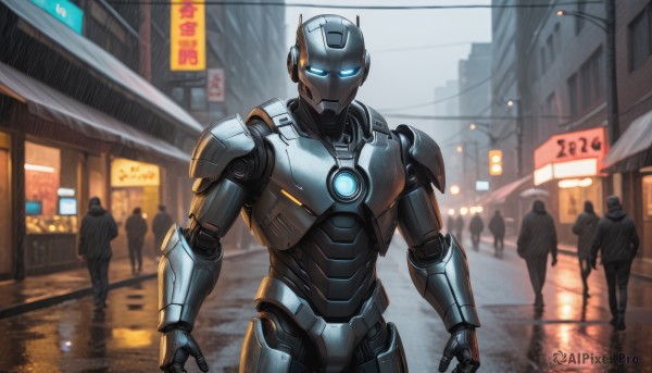 looking at viewer,blue eyes,1boy,standing,male focus,outdoors,multiple boys,solo focus,armor,blurry,glowing,robot,building,mecha,glowing eyes,walking,science fiction,city,sign,road,police,street,open hands,power armor,cyberpunk,humanoid robot,night,scenery,reflection,rain,realistic,multiple others,power lines,lamppost,traffic light