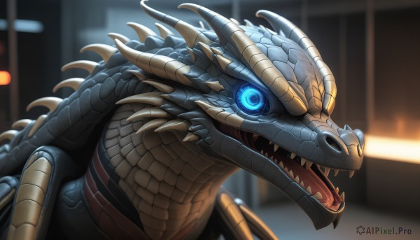 HQ,solo,open mouth,blue eyes,teeth,blurry,pokemon (creature),no humans,blurry background,glowing,fangs,sharp teeth,glowing eyes,monster,scales,kaijuu,horns,armor,from side,colored sclera,dragon,alien