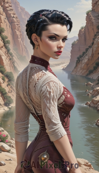 1girl,solo,breasts,looking at viewer,short hair,shirt,black hair,hair ornament,dress,brown eyes,jewelry,medium breasts,ass,flower,cowboy shot,earrings,outdoors,parted lips,sky,day,looking back,water,lips,eyelashes,bodysuit,makeup,red dress,lipstick,eyeshadow,rock,mountain,realistic,nose,red lips,standing,teeth,artist name,nail polish,from side,see-through,red nails,river,lake