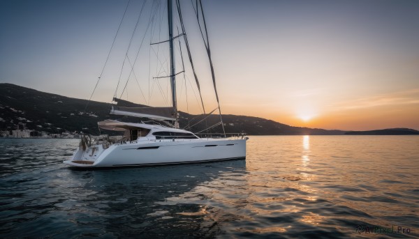 An iconic boat framed by a calm sunset outdoors