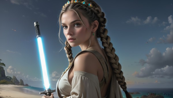 1girl,solo,long hair,breasts,looking at viewer,brown hair,black hair,holding,bare shoulders,brown eyes,jewelry,medium breasts,upper body,weapon,braid,earrings,outdoors,parted lips,detached sleeves,sky,day,sword,cloud,holding weapon,twin braids,from side,blue sky,lips,grey eyes,bird,ocean,beach,holding sword,cloudy sky,tiara,realistic,nose,sand,energy sword,multiple braids,lightsaber,dress,white dress,crown,scenery,science fiction,horizon