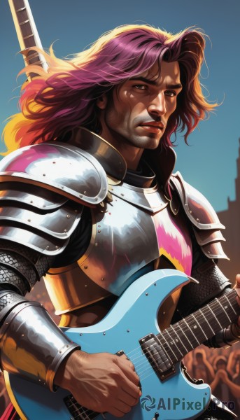 solo,long hair,looking at viewer,brown hair,1boy,holding,brown eyes,upper body,weapon,pink hair,purple hair,male focus,outdoors,parted lips,sky,day,sword,artist name,signature,dark skin,armor,lips,facial hair,scar,dark-skinned male,shoulder armor,instrument,beard,pauldrons,breastplate,realistic,nose,music,guitar,manly,playing instrument,holding instrument,chainmail,bangs,shiny,scar across eye,electric guitar,plectrum