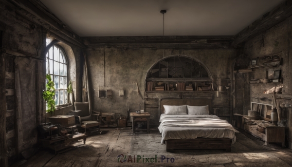 day,indoors,pillow,book,no humans,window,bed,chair,table,sunlight,plant,box,scenery,couch,desk,wooden floor,stairs,door,bookshelf,potted plant,lamp,bedroom,ruins,shelf,carpet,rug,cabinet,crate,bed sheet,bottle