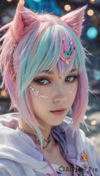 1girl,solo,looking at viewer,short hair,bangs,blue eyes,hair ornament,animal ears,jewelry,closed mouth,green eyes,jacket,upper body,pink hair,white hair,multicolored hair,earrings,cat ears,hood,necklace,blurry,two-tone hair,aqua eyes,lips,looking to the side,eyelashes,aqua hair,hoodie,tattoo,makeup,depth of field,blurry background,facial mark,looking away,piercing,hood down,slit pupils,ear piercing,portrait,realistic,nose,miqo'te,neck tattoo,blue hair,streaked hair,grey eyes,white jacket