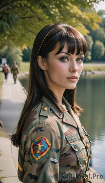 1girl,long hair,looking at viewer,smile,bangs,blue eyes,multiple girls,brown hair,black hair,2girls,jewelry,closed mouth,jacket,upper body,earrings,outdoors,solo focus,day,belt,water,blurry,uniform,tree,lips,military,military uniform,depth of field,blurry background,realistic,nose,camouflage,badge,police,river,soldier,patch,camouflage jacket,solo,shirt,green eyes,from side,eyelashes,arms behind back,sunlight,freckles,pocket,breast pocket