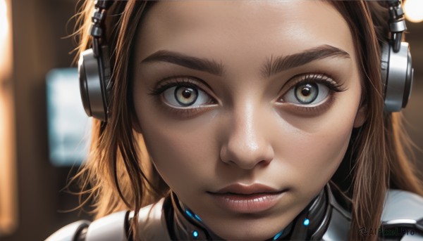 1girl,solo,long hair,looking at viewer,blue eyes,brown hair,closed mouth,blurry,lips,grey eyes,eyelashes,depth of field,blurry background,headphones,portrait,close-up,forehead,freckles,science fiction,realistic,nose,straight-on,eye focus,green eyes,expressionless,headset