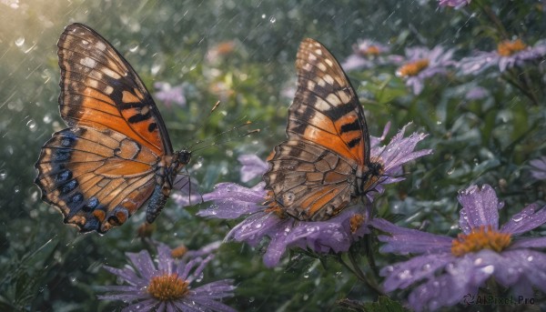 solo, short hair, black hair, 1boy, flower, outdoors, wings, blurry, depth of field, animal, leaf, bug, butterfly, flying, rain, water drop, purple flower, antennae, butterfly wings, insect wings