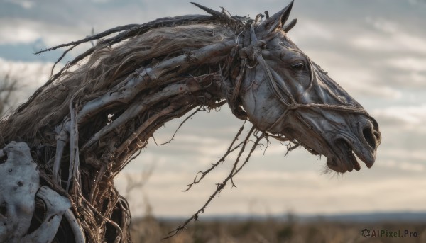 outdoors,sky,cloud,blurry,tree,no humans,depth of field,blurry background,cloudy sky,robot,mecha,science fiction,monster,realistic,antennae,damaged,solo,day,blood,animal,bug,plant,scenery,barbed wire