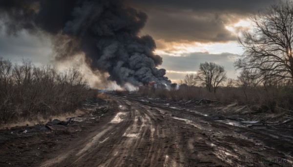 outdoors,sky,day,cloud,water,tree,no humans,sunlight,cloudy sky,grass,ground vehicle,nature,scenery,forest,smoke,mountain,road,bare tree,river,landscape,signature,realistic