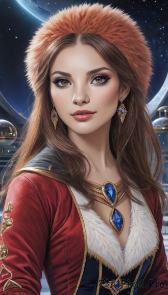 1girl,solo,long hair,breasts,looking at viewer,smile,brown hair,hat,dress,cleavage,brown eyes,jewelry,medium breasts,closed mouth,upper body,earrings,open clothes,sky,necklace,lips,fur trim,eyelashes,makeup,night,gem,star (sky),starry sky,freckles,nose,red lips,space,planet,fur hat,earth (planet),ushanka,jacket,artist name,hood,lipstick,red jacket,forehead,pendant,realistic