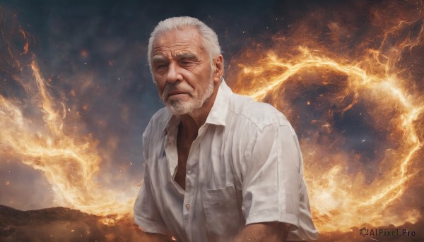 solo,shirt,1boy,closed mouth,closed eyes,white shirt,upper body,white hair,short sleeves,male focus,sky,collared shirt,dress shirt,facial hair,scar,fire,beard,pocket,realistic,breast pocket,manly,partially unbuttoned,old,old man,embers,wrinkled skin,looking at viewer,short hair,scar on face,scar across eye,unbuttoned,undershirt,burning