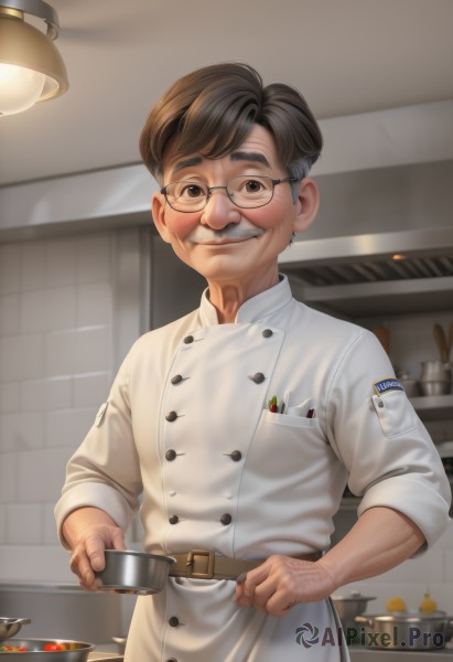 solo,looking at viewer,smile,short hair,brown hair,1boy,holding,brown eyes,closed mouth,standing,white shirt,upper body,grey hair,male focus,food,glasses,belt,indoors,grin,black eyes,apron,cup,buttons,facial hair,holding cup,black-framed eyewear,pocket,realistic,round eyewear,mustache,double-breasted,brown belt,lamp,breast pocket,old,old man,cooking,kitchen,frying pan,grey-framed eyewear,chef,black hair,teeth,thick eyebrows,badge,arm hair