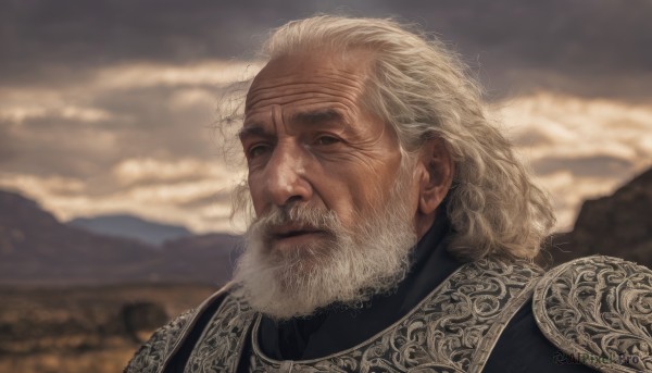 solo,looking at viewer,1boy,closed mouth,upper body,white hair,male focus,outdoors,sky,cloud,armor,blurry,black eyes,blurry background,facial hair,scar,cloudy sky,portrait,beard,mountain,realistic,mustache,manly,old,old man,chainmail,wrinkled skin