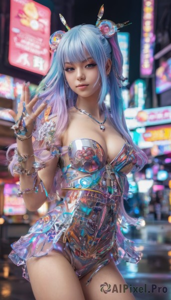 1girl,solo,long hair,breasts,looking at viewer,smile,bangs,blue eyes,large breasts,hair ornament,cleavage,jewelry,medium breasts,underwear,blue hair,standing,pink hair,multicolored hair,cowboy shot,hand up,necklace,hair bun,nail polish,blurry,bracelet,leotard,lips,fingernails,see-through,double bun,gradient hair,blurry background,armlet,blue nails,science fiction,realistic,cyberpunk,neon lights,skirt,panties,thighs,earrings,outdoors,artist name,headgear,ring,long fingernails