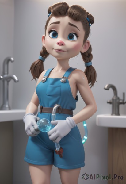 1girl,solo,long hair,breasts,blush,smile,blue eyes,brown hair,gloves,holding,twintails,standing,braid,small breasts,belt,indoors,white gloves,water,twin braids,lips,loli,low twintails,female child,overalls,faucet,naked overalls,overall shorts,looking at viewer,bare shoulders,closed mouth,blurry,bandaid,hair tie