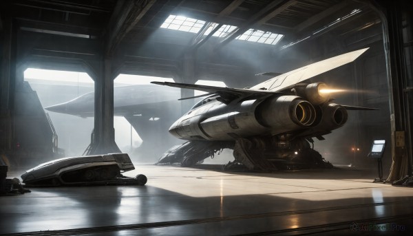 HQ,indoors,signature,military,no humans,window,robot,scenery,mecha,machinery,science fiction,light rays,realistic,aircraft,military vehicle,vehicle focus,spacecraft,lights,cockpit,reflection,flying,airplane,jet