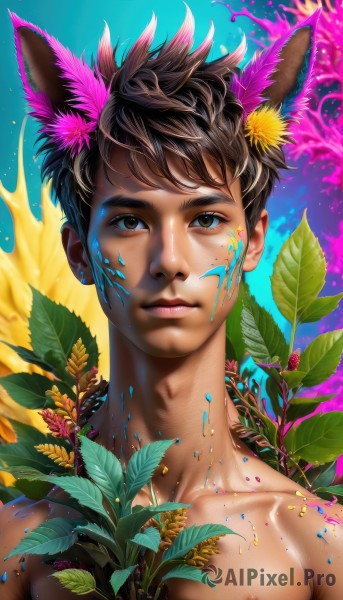 solo,looking at viewer,short hair,bangs,brown hair,black hair,hair ornament,1boy,animal ears,brown eyes,closed mouth,collarbone,upper body,flower,male focus,artist name,signature,dark skin,lips,fox ears,eyelashes,leaf,blue background,dark-skinned male,pectorals,plant,portrait,extra ears,topless male,realistic,yellow flower,nose,facepaint,paint splatter,paint,paint splatter on face,nipples,nude,hair flower,wolf ears,sunflower,multicolored background,dirty,dirty face,pink blood