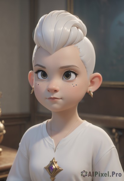 1girl,solo,looking at viewer,short hair,shirt,brown eyes,jewelry,closed mouth,white shirt,upper body,white hair,grey hair,earrings,artist name,indoors,necklace,blurry,lips,blurry background,forehead,freckles,nose