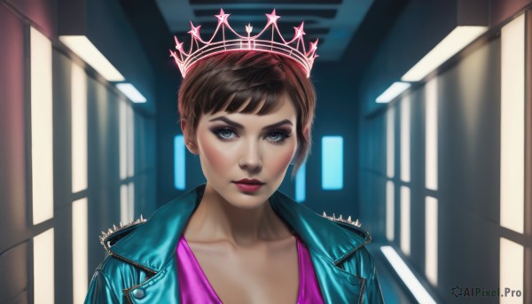 1girl,solo,looking at viewer,short hair,bangs,blue eyes,brown hair,shirt,jewelry,closed mouth,collarbone,jacket,upper body,earrings,open clothes,artist name,indoors,signature,open jacket,lips,eyelashes,makeup,watermark,crown,lipstick,blue jacket,portrait,web address,eyeshadow,pink shirt,realistic,nose,red lips,eyeliner,leather,leather jacket,mascara,denim jacket,cleavage,window,thick eyebrows,neon lights