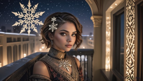 1girl,solo,looking at viewer,smile,short hair,brown hair,hair ornament,dress,bare shoulders,brown eyes,jewelry,upper body,earrings,outdoors,detached sleeves,sky,dark skin,blurry,dark-skinned female,lips,night,building,star (sky),night sky,snow,starry sky,snowing,realistic,nose,railing,snowflakes,snowflake hair ornament,snowflake print,balcony