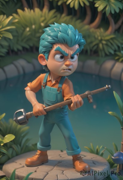 solo,short hair,open mouth,shirt,gloves,1boy,holding,brown eyes,blue hair,standing,full body,male focus,boots,outdoors,teeth,collared shirt,artist name,blurry,tree,aqua hair,brown footwear,thick eyebrows,grass,plant,spiked hair,child,overalls,male child,orange shirt,parted lips,green hair,shoes,pants,frown,watermark,aged down,red shirt