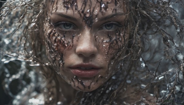 1girl,solo,looking at viewer,short hair,parted lips,water,blurry,lips,grey eyes,portrait,close-up,realistic,black hair,eyelashes,depth of field,freckles