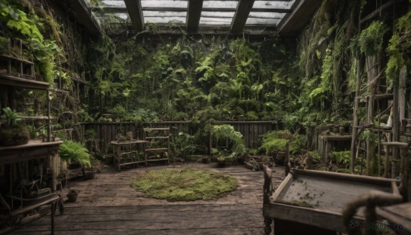 outdoors,day,indoors,blurry,tree,no humans,window,depth of field,chair,table,plant,nature,scenery,blurry foreground,ruins,moss,overgrown,post-apocalypse,broken window,building,stairs,railing,vines