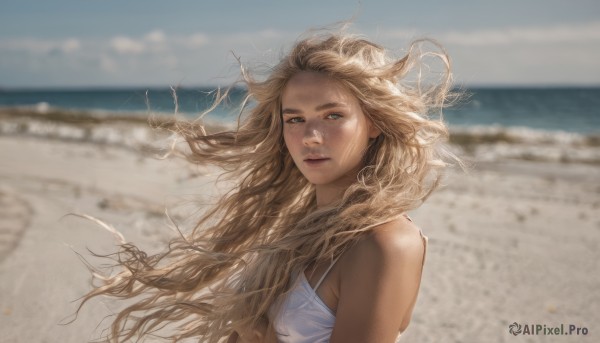 1girl, solo, long hair, looking at viewer, blue eyes, blonde hair, dress, upper body, outdoors, parted lips, sky, day, white dress, blurry, lips, floating hair, depth of field, blurry background, ocean, beach, wind, freckles, realistic