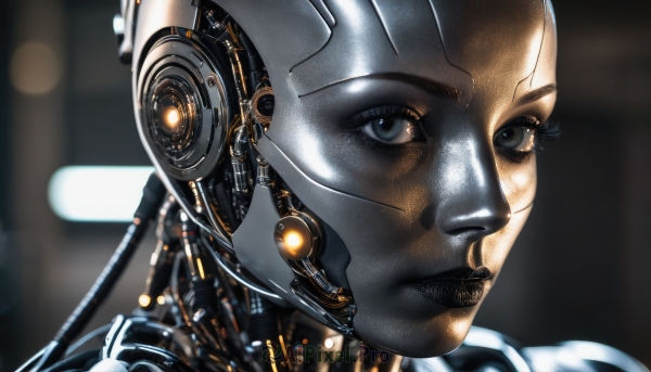 1girl,solo,looking at viewer,blue eyes,closed mouth,shiny,blurry,black eyes,lips,grey eyes,blurry background,helmet,robot,portrait,close-up,science fiction,realistic,android,cable,cyborg,power armor,cyberpunk,black hair,expressionless,serious,light,bald