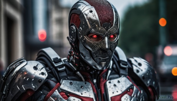 solo,looking at viewer,red eyes,1boy,upper body,male focus,outdoors,armor,blurry,depth of field,blurry background,helmet,robot,portrait,glowing eyes,motor vehicle,colored sclera,science fiction,realistic,cyborg,power armor,cyberpunk,humanoid robot,mask,glowing,shoulder armor