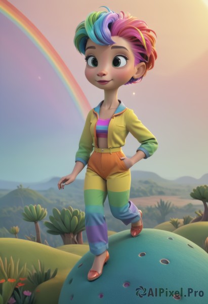 1girl,solo,blush,smile,short hair,shirt,long sleeves,green eyes,standing,collarbone,jacket,full body,pink hair,purple hair,flower,multicolored hair,outdoors,green hair,open clothes,sky,shoes,striped,pants,artist name,signature,two-tone hair,tree,hand on hip,makeup,watermark,grass,plant,red footwear,child,web address,multicolored clothes,personification,hand in pocket,mountain,rainbow,colorful,striped pants,rainbow gradient,rainbow hair,multicolored stripes,blue hair,midriff,belt,lips,multicolored jacket,ladybug,cactus