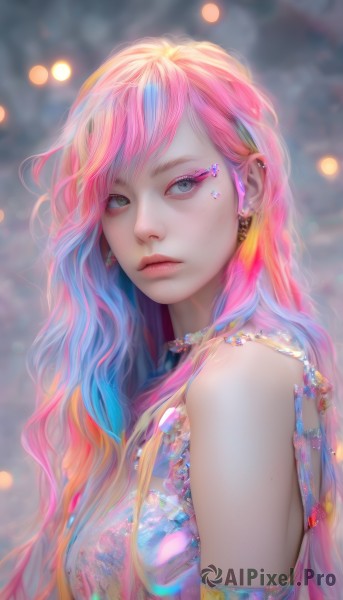 1girl,solo,long hair,breasts,looking at viewer,bangs,blue eyes,bare shoulders,jewelry,medium breasts,closed mouth,blue hair,upper body,pink hair,multicolored hair,earrings,sleeveless,artist name,necklace,blurry,from side,two-tone hair,lips,streaked hair,looking to the side,grey eyes,eyelashes,gradient hair,makeup,depth of field,blurry background,watermark,piercing,ear piercing,web address,armlet,eyeshadow,freckles,realistic,nose,eyeliner,mascara,green eyes,mole,heterochromia,wavy hair,expressionless,pink lips