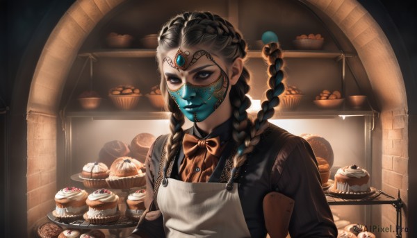 1girl,solo,long hair,looking at viewer,blue eyes,shirt,black hair,long sleeves,dress,bow,holding,jewelry,upper body,braid,multicolored hair,food,indoors,bowtie,apron,black dress,twin braids,two-tone hair,maid,makeup,mask,fruit,gem,plate,eyeshadow,tray,cake,circlet,orange bow,holding tray,bread,forehead jewel,orange bowtie,shop,cupcake,pastry,pie,tiered tray,multiple braids,lipstick,mouth mask,basket,red lips,doughnut,cookie,brown bow