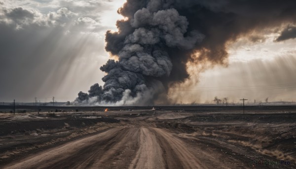 outdoors,sky,day,cloud,no humans,sunlight,cloudy sky,fire,scenery,smoke,light rays,road,sunbeam,ruins,railroad tracks,power lines,landscape