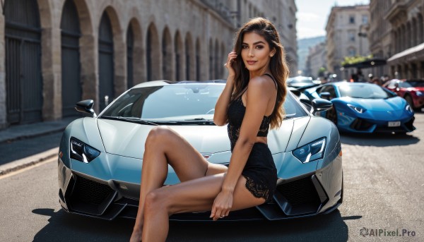 1girl,solo,long hair,breasts,looking at viewer,smile,brown hair,black hair,bare shoulders,brown eyes,sitting,outdoors,day,blurry,lips,blurry background,phone,cellphone,ground vehicle,building,motor vehicle,city,realistic,car,road,vehicle focus,sports car,skirt,black skirt,photo background