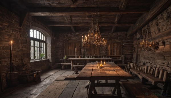 day,indoors,no humans,window,chair,table,sunlight,fire,plant,scenery,wooden floor,stairs,potted plant,candle,wall,brick wall,stool,barrel,candlestand,chandelier,fireplace,wooden chair,sword,fantasy,torch,stone wall